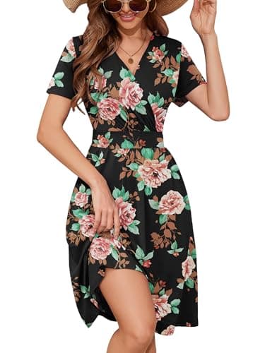 Heymoments Women's Summer Comfy Swing Sundress Black Pink Floral Small Short Sleeve Casual Midi Dress Wrap V Neck A-Line Classy Beach Vacation Teacher Dresses with Pockets - Image 1