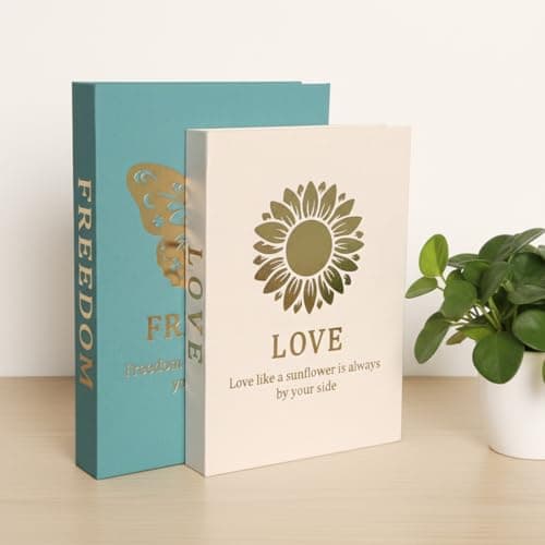 VEKALON Decorative Faux Book Decor - Set of 2 Linen Golden Butterfly Sunflower Fake Book Storage Box for Coffee Table,Bookshelf and Home Decoration(Tiffany Blue Beige) - Thumbnail 4