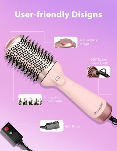 ZM ZHEMEI 1300W Hair Dryer Brush,4 in 1 Blow Dryer Brush Anti-frizz Ceramic Titanium Barrel with ALCI Safety Plug Professional Salon Hot Air Brush for All Hair Types (Rosegold) - Thumbnail 5