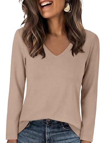 ANRABESS Women's Long Sleeve Shirts V Neck Top, Almond, XXL - Image 1