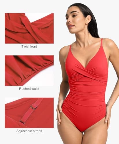 Popilush One Piece Swimsuit Women Tummy Control V Neck Ruched Shapewear Swimsuits Summer Beach Pool Vacation Red - Thumbnail 3