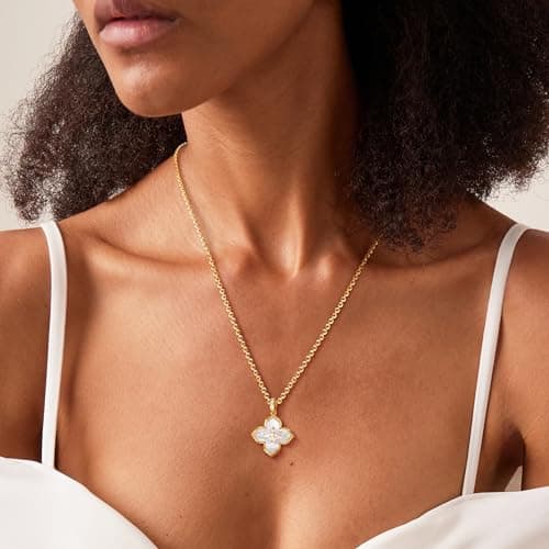 Fettero Necklaces for Women Gold Charm Necklace 2 Sided Lucky Clover Pendant 14K Gold Plated Chain Cross Mom Pearl Necklace for Women Jewelry - Thumbnail 2