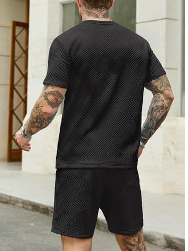 JEMLDL Mens 2 Piece Shorts Set Summer Jacquard Knit T-Shirt and Shorts Outfits Lounge Wear Casual Clothing with Pockets Black L - Thumbnail 2