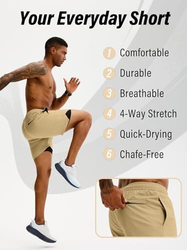 Comdecevis Mens Gym Shorts Quick Dry 5 Inch Inseam Short 2 in 1 Lightweight Gym Shorts for Swim Khaki S - Thumbnail 5