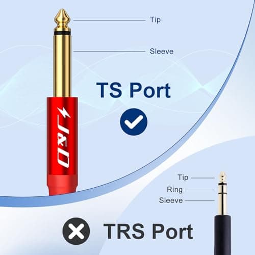 J&D Guitar Cable 2Pack, 1/4 Inch TS Instrument Cable, 6.35mm Cord for Electric Guitar, Bass, Keyboard, Amplifier, Speaker, Right Angle to Straight, Red, 15 Feet - Thumbnail 3