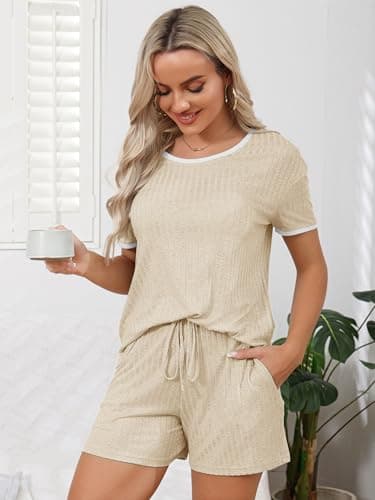HDLTE Womens Ribbed Sleepwear Outfits Short Sleeve Top and Shorts 2 piece Lounge Set Apricot - Thumbnail 2