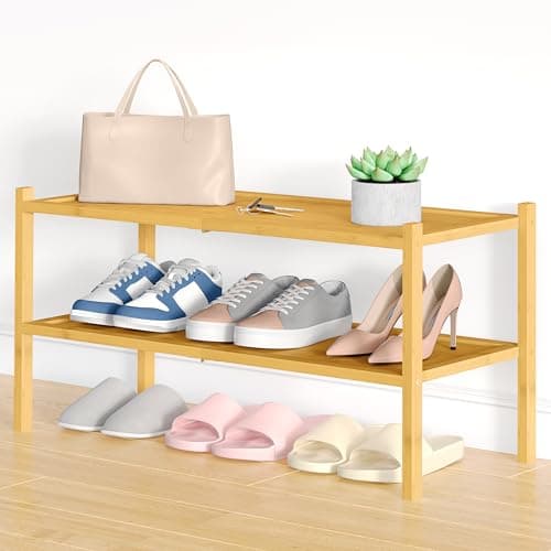 Smiry Bamboo Shoe Rack, 2 Tier Shoe Organizer for Entryway & Closet, Stackable Free Standing Storage Shelf for Shoes, Bags & Plants, Natural - Image 1