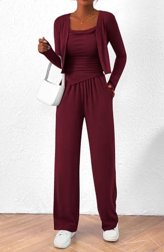 BTFBM Women's Fall Lounge Sets 3 Piece Outfit Tracksuits Casual Long Sleeve Tops High Waisted Sweatpants Set(Wine Red,X-Large) - Thumbnail 3