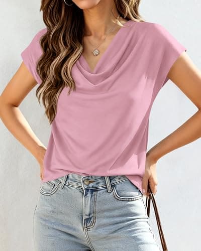 BTFBM Cowl Neck Tops for Women 2026 Summer Womens Tops Dressy Casual Business Blouses Short Sleeve Shirts Spring Outfits(Pink, Small) - Thumbnail 3