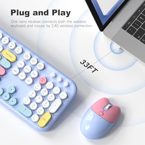 Dilter Wireless Keyboard and Mouse Combo, Full-Sized Typewriter Keyboards, Cute Cat Shaped Wireless Mouse, USB Plug and Play for Windows, Computer, PC, Laptop, Desktop (Blue Colorful) - Thumbnail 2