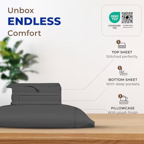 THREAD SPREAD Luxury Egyptian Cotton Sheets Twin XL Size - 600 Series Bliss Collection Twin XL Set Deep Pockets (3 PC, Dark Grey), Extra Soft, Cooling Extra Long Staple College Dorm Bedding - Thumbnail 3