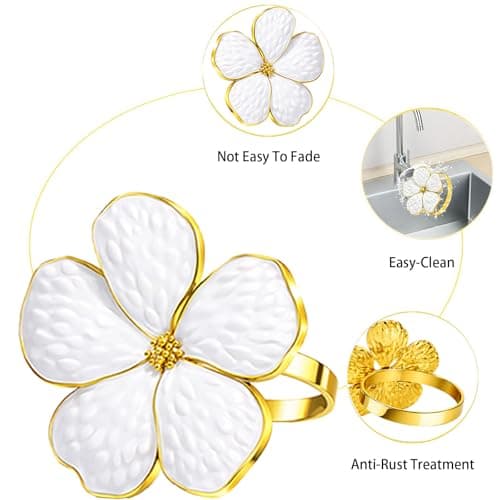 Flower Napkin Rings Set of 8, European Palace-Style Glaze, High-Temperature Fired Ideal for Photography Props, Ribbon Clips, or Curtain Tiebacks, Weddings/Birthdays (White) - Thumbnail 3