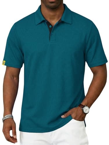 REXUHOWU Men's Polo Shirt Short Sleeve Moisture Wicking Sports Casual T-Shirt Golf Polo Shirt Business Collar Shirt for Men Darktealblue XXL - Thumbnail 4