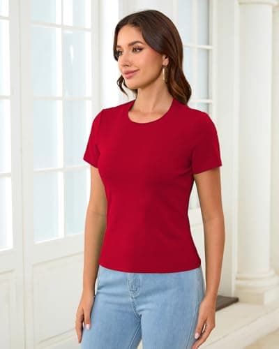 Abardsion Cotton Basic Tees for Women Spring Outfits Tops 2026 Short Sleeve Crewneck Slim Fit T Shirts (Bright Red, M) - Thumbnail 3