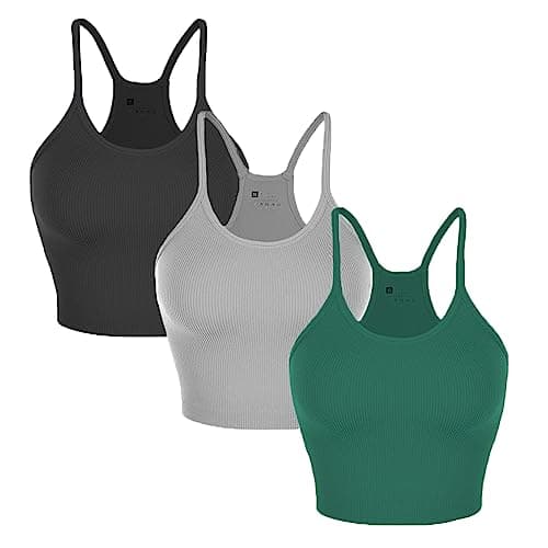 Nicytore 3-Pack Women's Seamless Crop Top Ribbed Camisole No Padding Racerback Tank Tops (Black/Gray/Dark Green, L) - Image 1