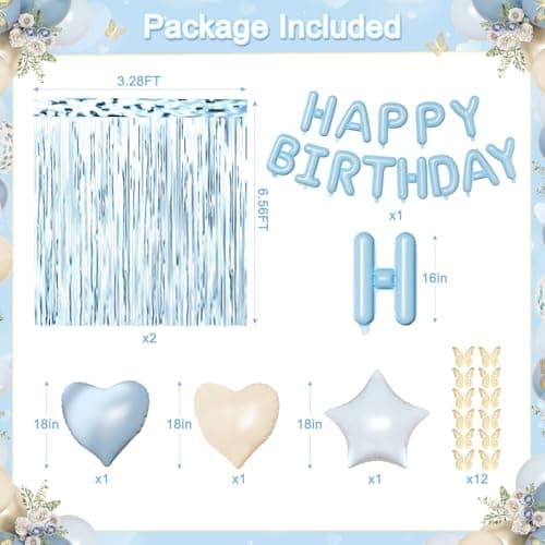 Blue Birthday Decorations, Dusty blue Sand White Confetti Foil Balloons Happy Birthday Banner Gold Butterfly Fringe Curtains, Light Blue Birthday Decorations for Boys Girls Women Men - Thumbnail 3