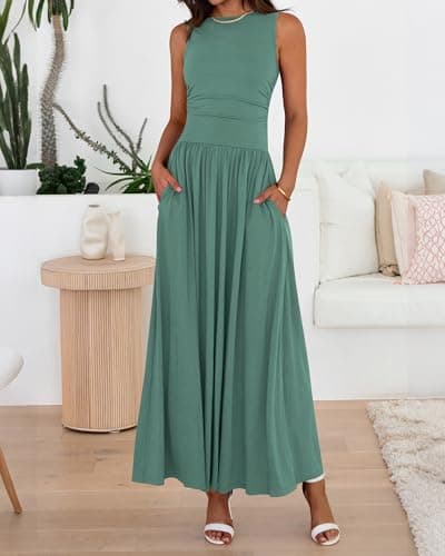 BTFBM Summer Maxi Dresses for Women 2026 Spring Sleeveless Casual Ruched High Waisted Long Sundress Flowy Beach Dress(Sage Green, Small) - Thumbnail 4