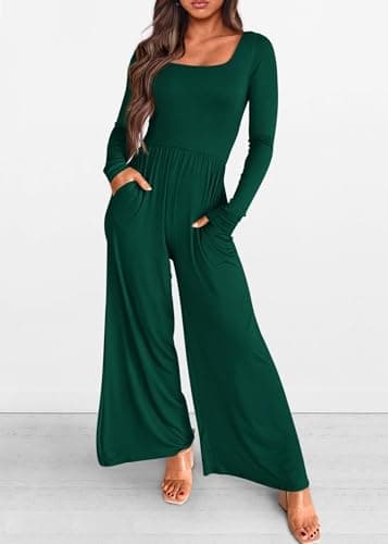 KIRUNDO Long Sleeve Jumpsuit for Women 2026 Spring Outfits Summer One Piece Square Neck Wide Leg Pants Romper With Pockets(Dark Green, Large) - Thumbnail 3
