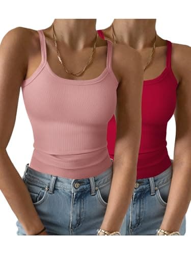 GKBK 2 Pack Womens Sleeveless Tank Top Form Fitting Spaghetti Strap Scoop Neck Ribbed Knit Workout Lounge Basic Slim Fitted Crop Summer 2026 Cami Layering Casual Shirts Pink Red M - Image 1
