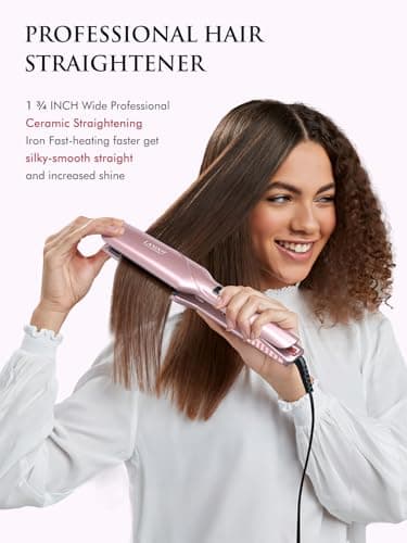 LANDOT Wide Flat Iron Hair Straightener - 1.75" Professional Ceramic Straightening Iron for Faster Styling, Extra Shine Hair, Dual Voltage Adjust Temp 250-450℉ All Hair Types, Ideal for Busy Morning - Thumbnail 3