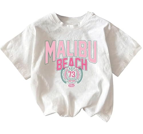 Eatbook Girls' Graphic Tees Malibu Beach Print Preppy T Shirts Kids Cute Letter Casual Short Sleeve Summer Clothes 5-12 Y White 11-12 Years - Image 1