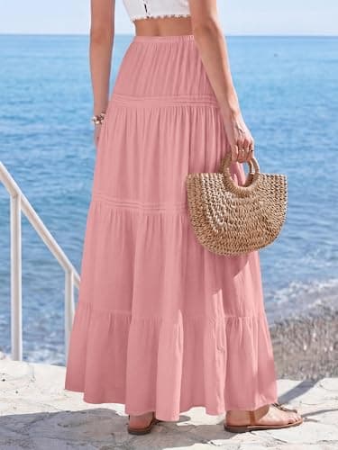 BTFBM Spring Skirts for Women 2026 Summer Boho Beach Vacation Clothes Casual Pleated High Waisted Flowy Maxi Skirt(Pink, XX-Large) - Thumbnail 3