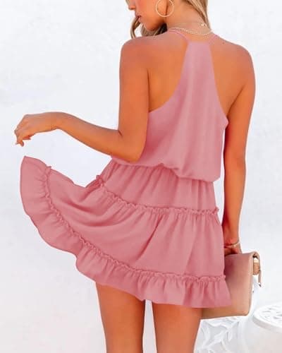 Newffr Womens V Neck Summer Mini Dress Sleeveless Ruffle Spaghetti Strap Racerback Flowy Beach Vacation Sundresses Pink - Thumbnail 2