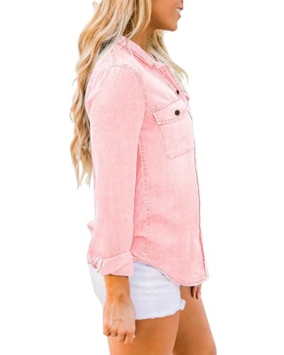 Vetinee Women's Candy Pink Button Down Denim Shirt Collared Classical Casual Vintage Retro Long Sleeve Pocket Tunic Fall Tops Blouse Size X-Large Size 0 Size 2 - Thumbnail 5
