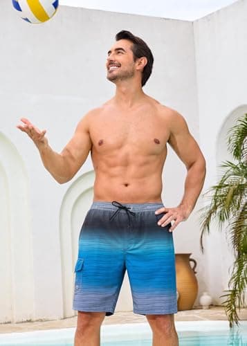SILKWORLD Mens Swimming Trunks with Compression Liner 2 in 1 Swimming Shorts Quick Dry Bathing Suits with Cargo Pockets, Grey Blue, Large - Thumbnail 5