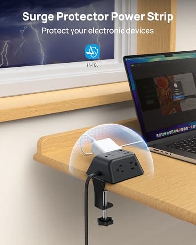 Desk Clamp Power Strip, Surge Protector with 5 AC Outlets and 3 USB Ports, Desk Mount Charging Station, Fit 1.97in Tabletop Edge Thick, Extension Cord 10FT for Home Office Gaming Accessories, Black - Thumbnail 6
