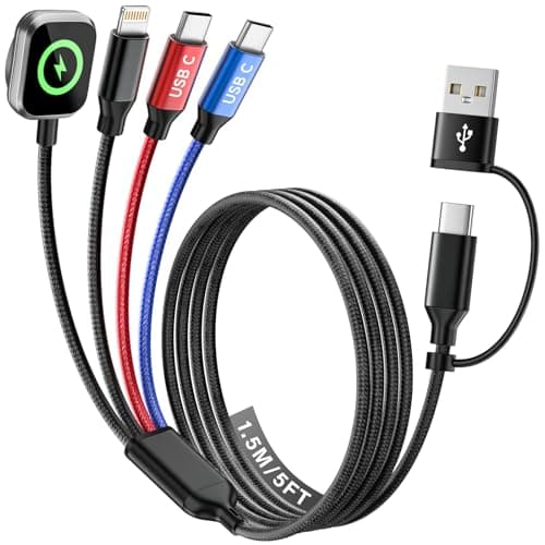 Dual Type-C Port 4 in 2 USB C Cable for iWatch Charger/iPhone 17, Travel Charger Multi Charging Cable Cord for iWatch Ultra/SE/10-1, iPhone16-8, iPad, Android, Car, Cruise Essentials - 1Pc 5FT - Image 1