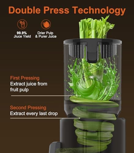 URVIBY Juicer Machines, 5.3" Large Feed Chute Cold Press Juicer with Double Press Technology, 400W Motor, High Juice Yield, Easy to Clean, Masticating Juicer for Whole Vegetables & Fruits, Black - Thumbnail 3