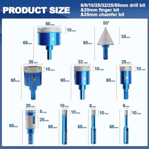 Diamond Core Drill Bit Set - BRSCHNITT Diamond Hole Saw Kit for Porcelain Tile Ceramic Marble Granite Drilling Triangle Shank（6/8/10/25/32/35/50mm&20 Finger bit&35 Chamfer bit）. - Thumbnail 2