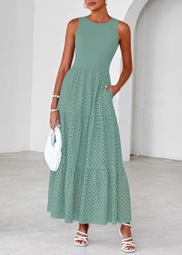 Lazysmile Womens Summer Dresses Crewneck Sleeveless A-Line Hollow Out Eyelet Tiered Tank Maxi Dress Sundress with Pockets - Thumbnail 3