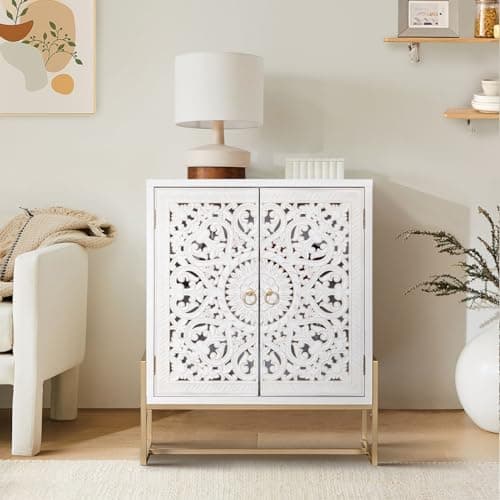 MFSTUDIO Wood Accent Storage Cabinet with 2 Doors, Distressed Storage Cabinet Buffet Sideboard Display Cabinets with Hollow Carved Floral Pattern for Living Room Entryway, Metal Base,White - Thumbnail 3