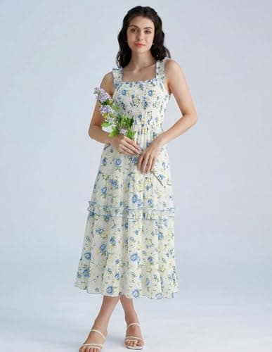 Scarlet Darkness Floral Dress for Women 2026 Flowy Sundress Smocked Cottagecore Dresses Yellow Blue XL - Thumbnail 2
