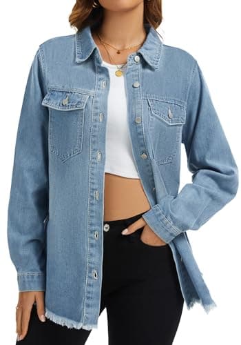 Bosmeer Oversized Denim Jackets for Women Button Down Denim Jacket Western Shacket Jacket with Pockets Frayed Hem Distressed Denim Shirts Country Outfits - Thumbnail 2