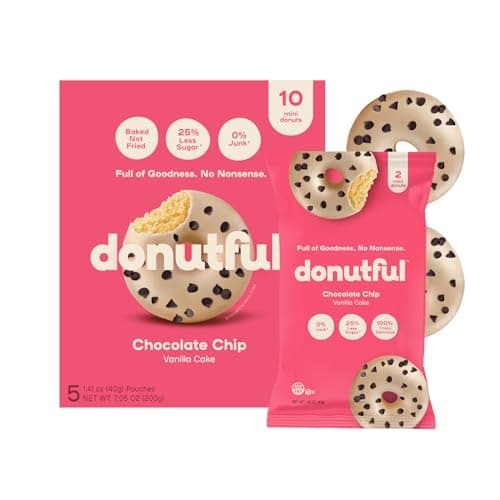 Donutful Chocolate Chip Mini Donuts – Baked Not Fried, Less Sugar, Nothing Artificial, Non-GMO, Individually Wrapped Snack Packs (30 Donuts/Box)
