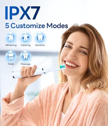 Bymore Electric Toothbrush for Adults,Travel Sonic Toothbrush Set with 8 Replacement Heads, Deep Clean Rechargeable Toothbrush One Charge for 70days 5 Modes 2mins Timer-Bright White - Thumbnail 6