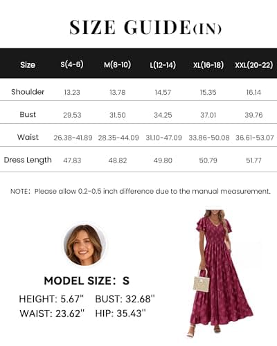 dowerme Maxi Dresses for Women 2026 Summer Ruffle Sleeve V Neck Smocked A Line Floral Boho Tiered Sundress Spring Outfit(Burgundy,XX-Large) - Thumbnail 6