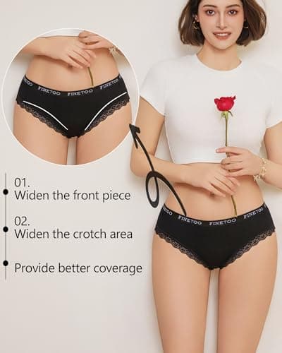 FINETOO Cotton underwear for women Cheeky Bikini Panties Low Rise Soft Lace Hipster Sexy Panty for Dailywear 6 Pack - Thumbnail 4