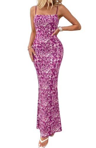 BTFBM Womens Maxi Dress 2026 Spring Floral Sexy Spaghetti Straps Sleeveless Bodycon Summer Beach Wedding Guest Dresses(Dark Purple Print, X-Small) - Image 1