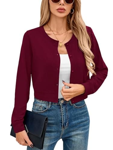 Heymoments Women Cropped Cardigan Bolero Shrug Burgundy XX-Large Button Down Long Sleeve Crewneck Casual Business Ladies Open Front Knit Lightweight Coat Fall Tops Sweater for Dresses Jean - Image 1