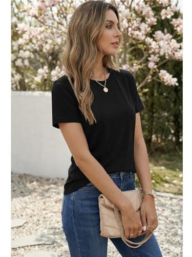 Women's T Shirt Cotton Short Sleeve T-Shirts Crewneck Basic Solid Color Tee Loose Fit Tshirts Breathable Comfy Summer Tops for Women 2026 Black - Thumbnail 3