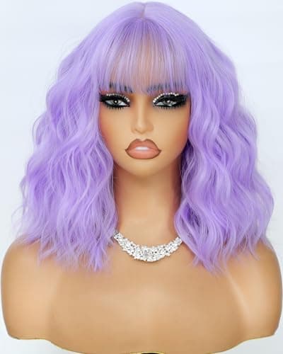 Monaluxe Short Bob Wigs with Bang Synthetic Loose Curly Wavy Light Purple Bob Wig Shoulder Length for Women Girls Daily Short Wavy Colorful Wig