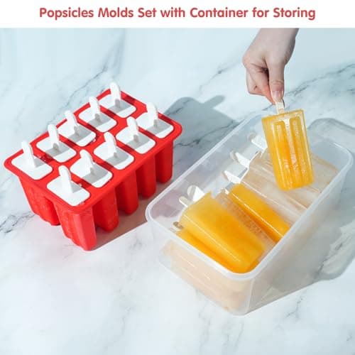 Miaowoof Homemade Popsicle Molds, 10-Cav Non-BPA Silicone Ice Pop Maker, with 50 Sticks, 50 Bags, 10 Reusable Sticks, Funnel, Brush and Ice Pop Recipe (Red+Bin) - Thumbnail 2