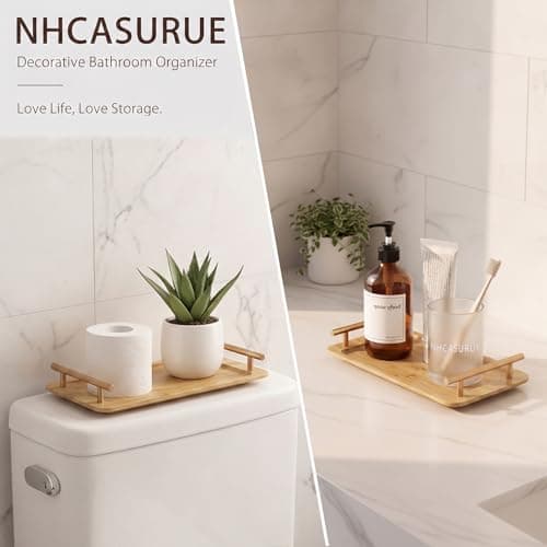 Bathroom Tray for Countertop Organizer,Bamboo Tray with Gold Handle,Vanity Tray Organizer,Multipurpose Organizer Rack for Lavatory, Restroom, and Bathroom Decoration(Original Color, 11"x6.3") - Thumbnail 3