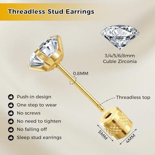 Hypoallergenic Threadless Flat Back Earrings,1 Pairs Cartilage Stud for Women Men Titanium Post 20G None Screw Easy Push in Gold Black Stainless Steel Flatback with CZ 3-7mm (Gold+Clear CZ, 5mm) - Thumbnail 5