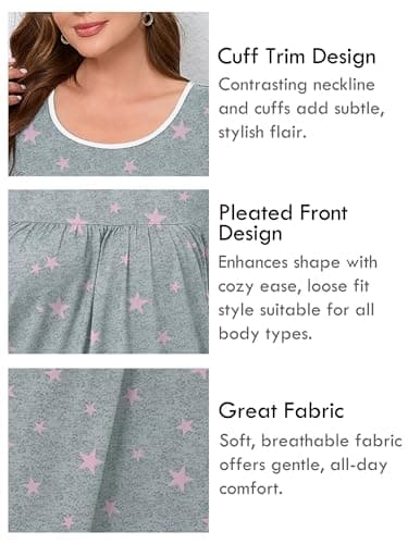AusLook Plus Size Women's Nightgown 3X Pink Stars Short Sleeve Sleep Dress Sleepwear Soft Sleepshirts Pleated Scoopneck Nightshirt Sleep shirts with Pockets - Thumbnail 4