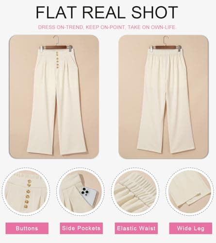 Dokotoo Women's Pants 2026 Spring High Waisted Wide Leg Waffle Knit Buttons Side Pockets Trousers Lounge Pants Casual Dressy Apricot Large - Thumbnail 6
